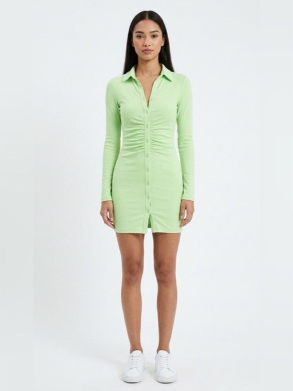 Miss Lola Neon Green Ruched Button Front Mini Dress Size S